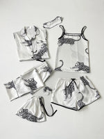 Luxurious women's starry sky print, leopard print satin pajama set, including pocket collar top, pants, shorts, adjustable shoul