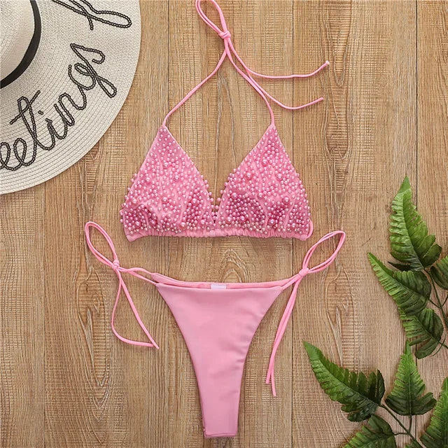 S - XL Halter Luxury Pearl Bikini Female Swimsuit Women Swimwear Two-pieces Bikini set Mini Micro Bather Bathing Suit Swim Lady
