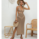 Women's Sexy Binding Rope Deep V Beach Cover-Up Knitting Halter Tunic Long Dress See-Through Summer Holiday Casual Beachwear