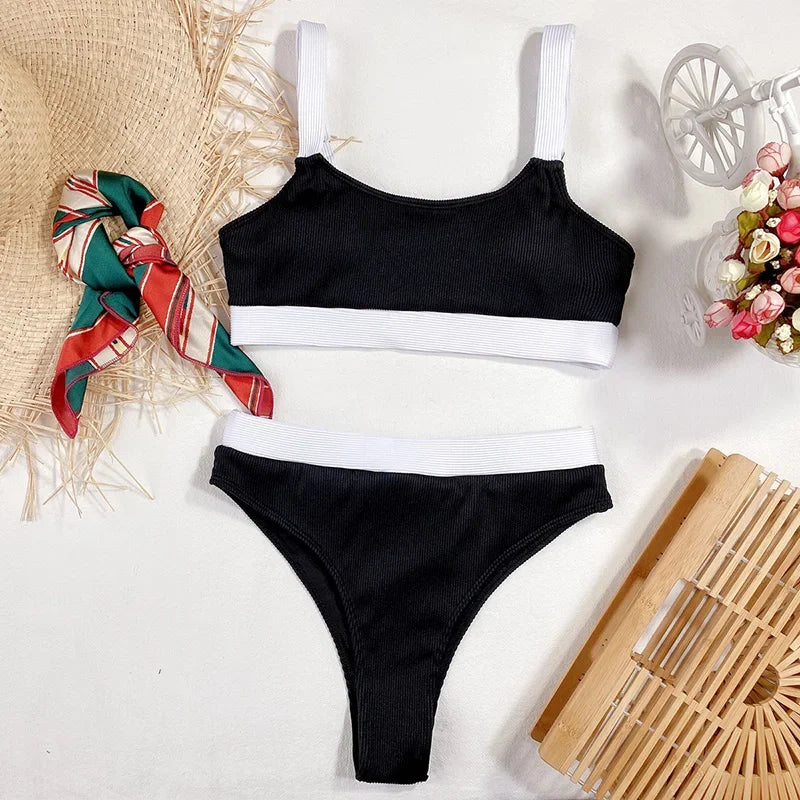 Sexy Splicing Ribbed Bikinis High Waist Bikini 2026 Female Swimsuit Women Swimwear Two-pieces Bikini Set Bathing Suit Swim Lady