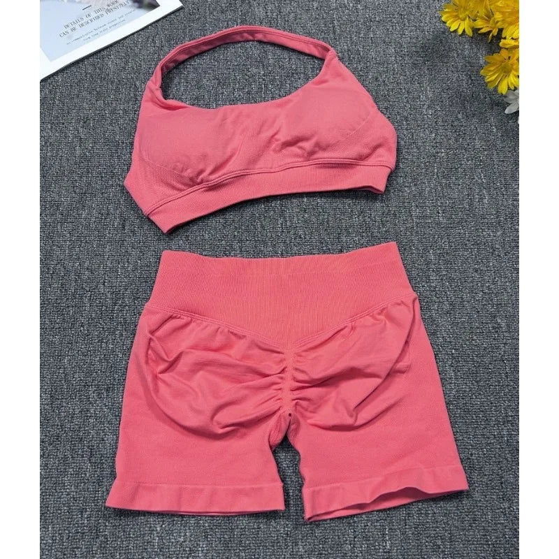 STOUREG Women's Fashion 2 Piece Sports Set Lace Up Sports Bra Seamless Shorts Leggings Yoga Gym Fitness Running Tracksuit