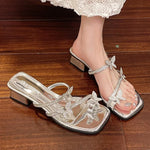 2025 Fashion Silver Crystal Sandals Women Rhinestone Butterfly Thick Heel Sandles Woman Summer Med Heeled Party Shoes Female