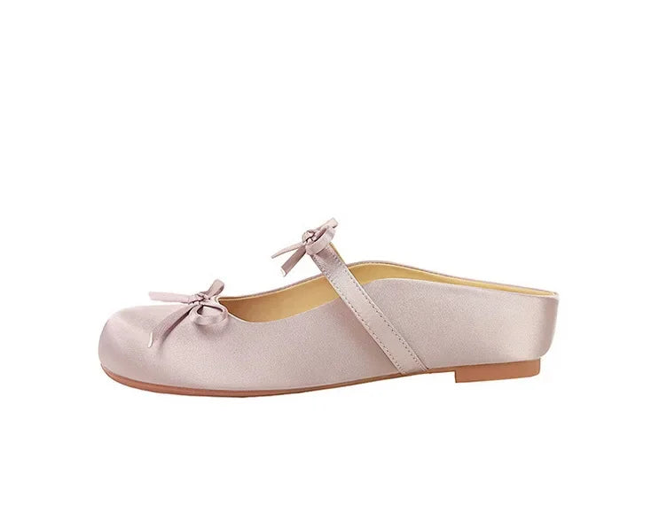 BIGTREE Satin Bow With One Strap With Shallow Mouth Half-Tugging Women's Hollow Inner Heightened Round-Head Sandals Comfortable