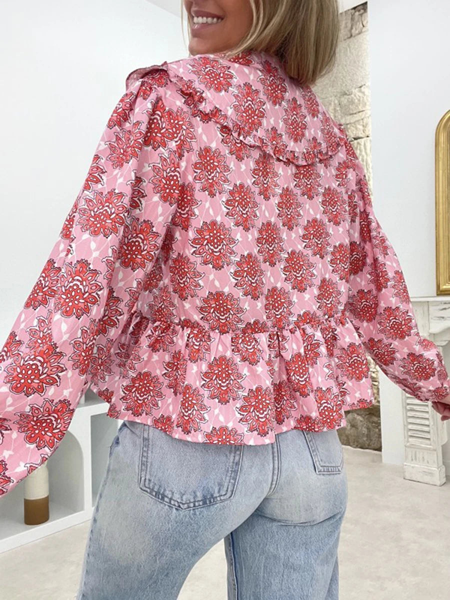 Floral Print Babydoll Tops for Women Casual Loose Doll Collar Open Front Tie-Up Ruffled Hem Long Sleeve Blouse for Fall