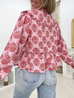 Floral Print Babydoll Tops for Women Casual Loose Doll Collar Open Front Tie-Up Ruffled Hem Long Sleeve Blouse for Fall