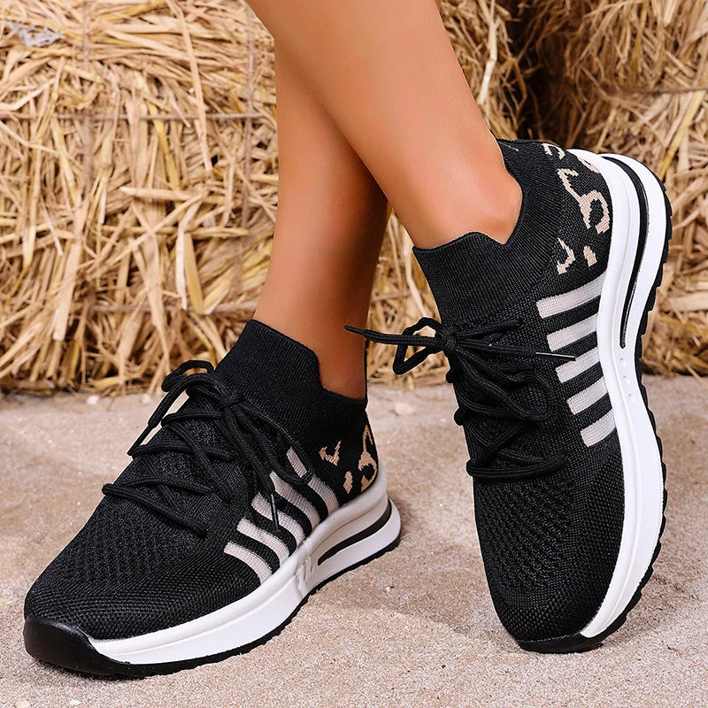 2026 Hollow Out Breathable Sneakers Women Plus Size Printed Thick Sole Walking Shoes Woman Comfortable Knitted Flats Female