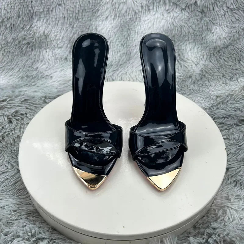 Black glossyFemale High Heels Open Toe Slides Trending Breathable Women Summer Outfit Casual Shoes12cm Sandals