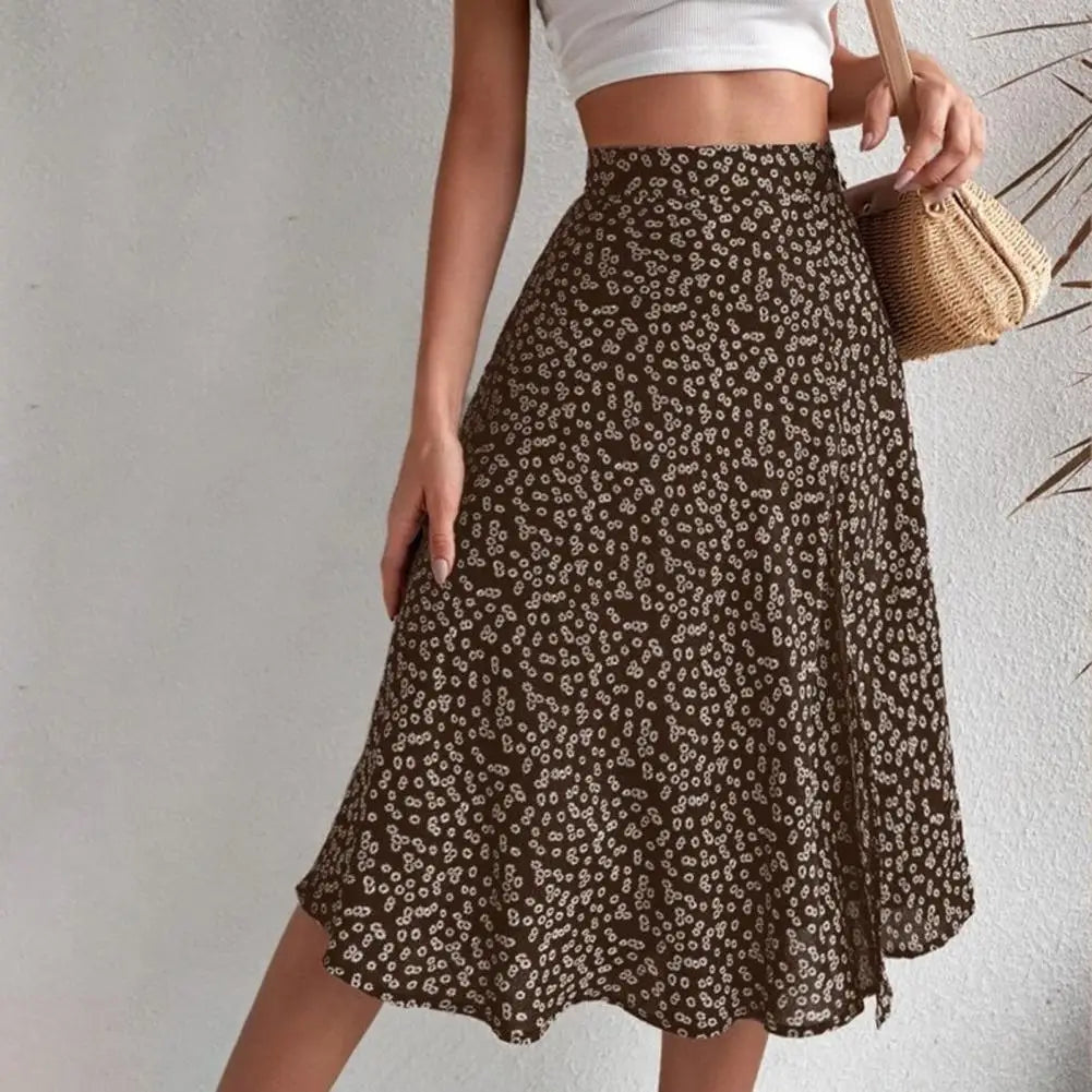 Women Summer Skirt Slit A-line High Waist Floral Print Loose Dress-up Elegant Breathable Lady Midi Skirt Female Clothes