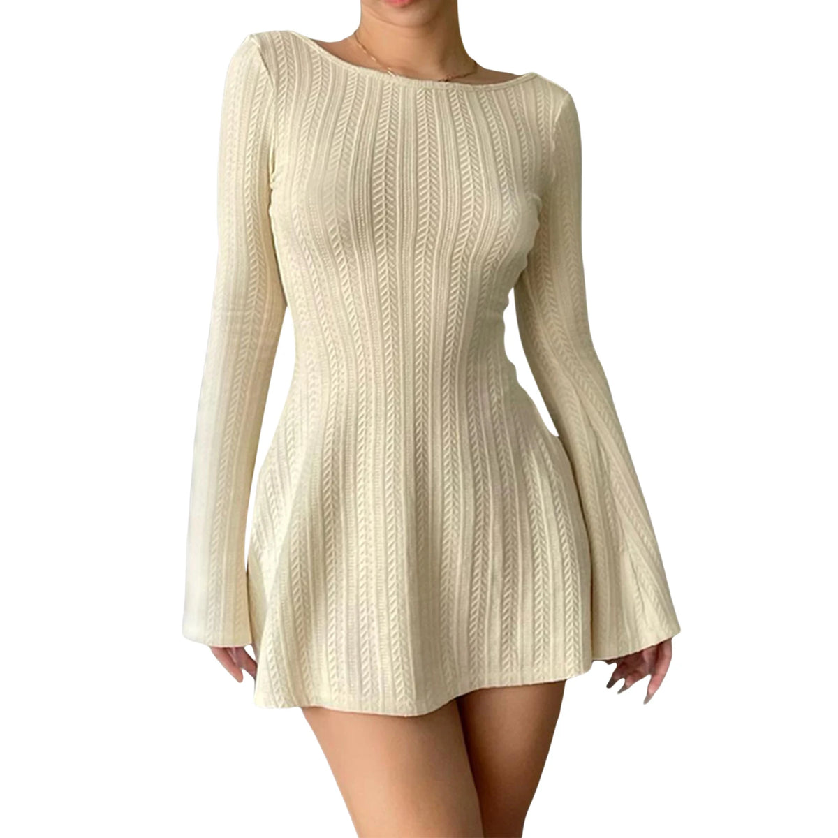 Women Spring Autumn Mini Dress Long Sleeve Crew Neck Backless Solid Color A-line Dress for Party Club
