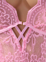 Pink Sexy Lingerie Women Hollow Open BodysuitAdult Apparel Teddy Crotchless Erotic Underwear One Piece V-neck Hot Lace Pajamas