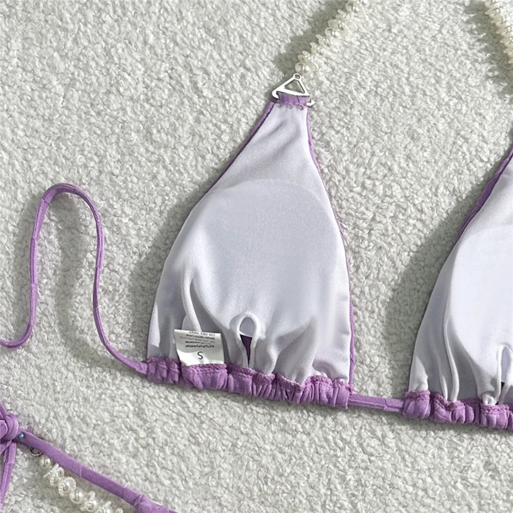 Light Purple Swimwear Pearl String Halter Micro Bikini Thong 2026 Sexy Swimsuit Women Bathing Suit Triangle Bikinis Sets Mujer