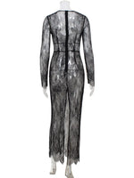 Ahagaga Sexy Club Dresses For Women Lace Solid Sheath Rehular Long Sleeves V-Neck Sheer Slim Fit Maxi Bodycon Female Vestidos