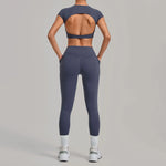 Yoga Set Women's Tracksuit Short Sleeve Back Hollow Out Sports Top Athletic Wear Tight High Waist Pocket Leggings Fitness Suits