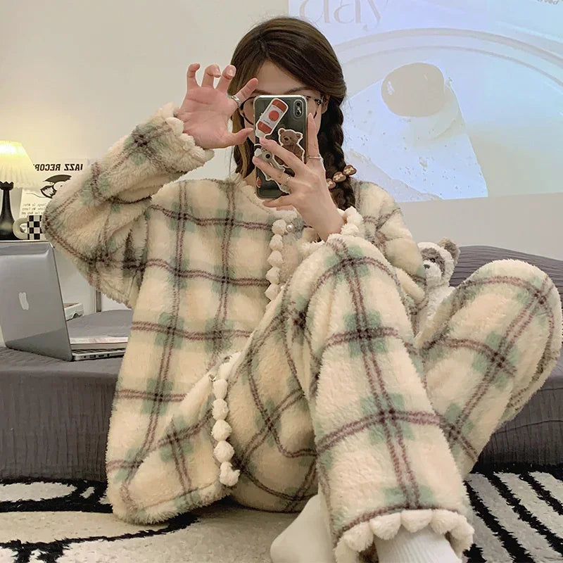 2025 New Flannel Plaid Sleepwear Women Winter Ruffles Pajama Pants Warm 2 Pieces Fluffy Button Night WearsSet Home Wear