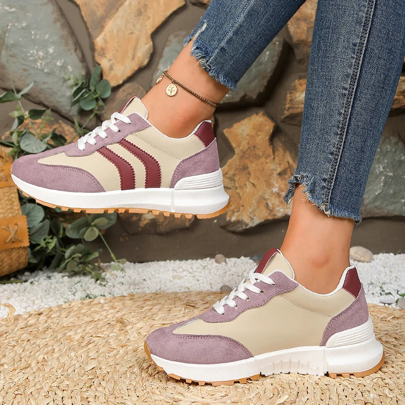 Fashion Mixed Color Women's Sneakers 2026 Spring Lace Up Non Slip Sport Shoes Women Comfort Thick Sole Running Walking Shoes