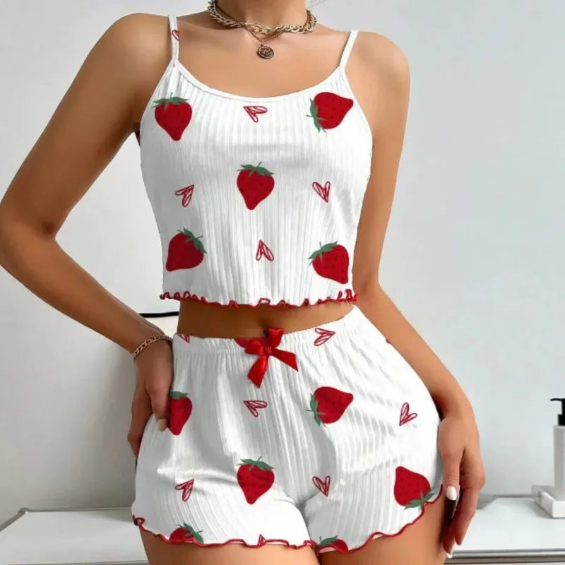 New Strawberry Print Sleepwear Set Women's Ribbed Pajamas with Hearts & Bow Soft Comfy Lounge Set with Shorts Cute Summer