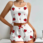 New Strawberry Print Sleepwear Set Women's Ribbed Pajamas with Hearts & Bow Soft Comfy Lounge Set with Shorts Cute Summer