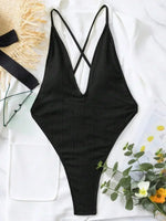Sexy Ribbed Cross Backless Women Monokini Micro String Thong Swimwear One Piece Swimsuit Female High Cut Bathing Suit Swim Lady
