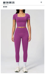 2PC Color Contrast Yoga Suit Women Short Sleeve Square Collar Slim Sports Top Fitness Suits Outdoor Exercise Leggings Tracksuit