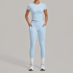 Women's Seamless Yoga Sets Sports Fitness Hip-lifting High Waist Pants Slim Fit Short-sleeve Suits Workout Running Training Sets