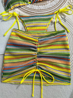 Sexy Coffee Striped Knitted Bikinis Sets 2026 Women Holiday Drawstring Side Skirt 3 Piece Swimsuit Summer Bathing Suit Swimwear