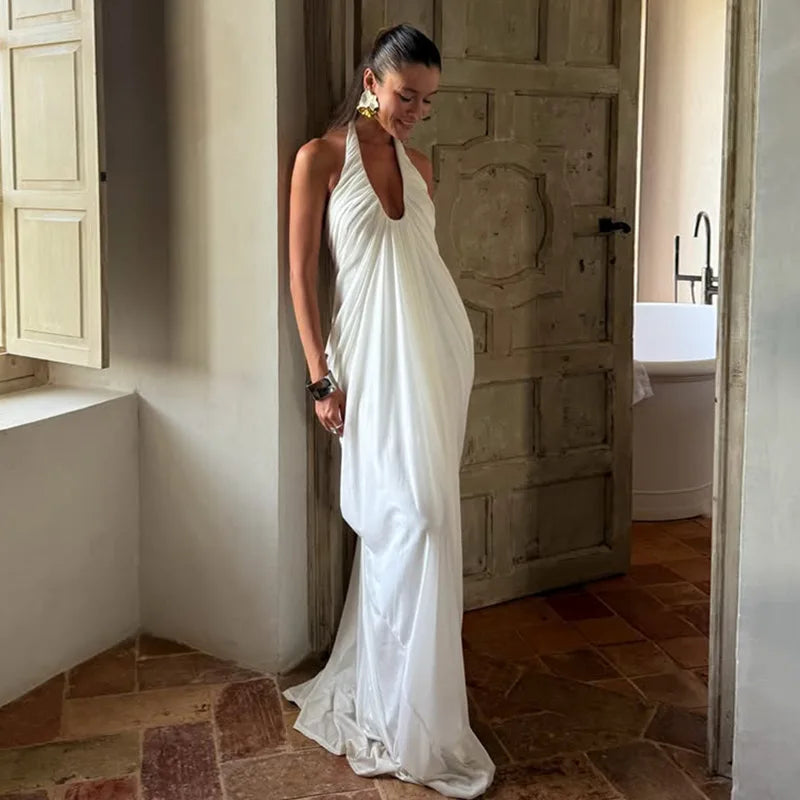 FDYOUI 2026 Summer Backless Ruched White Long Maxi Dress for Woman Elegant Sexy Halter Sleeveless Loose Evening Party Dresses