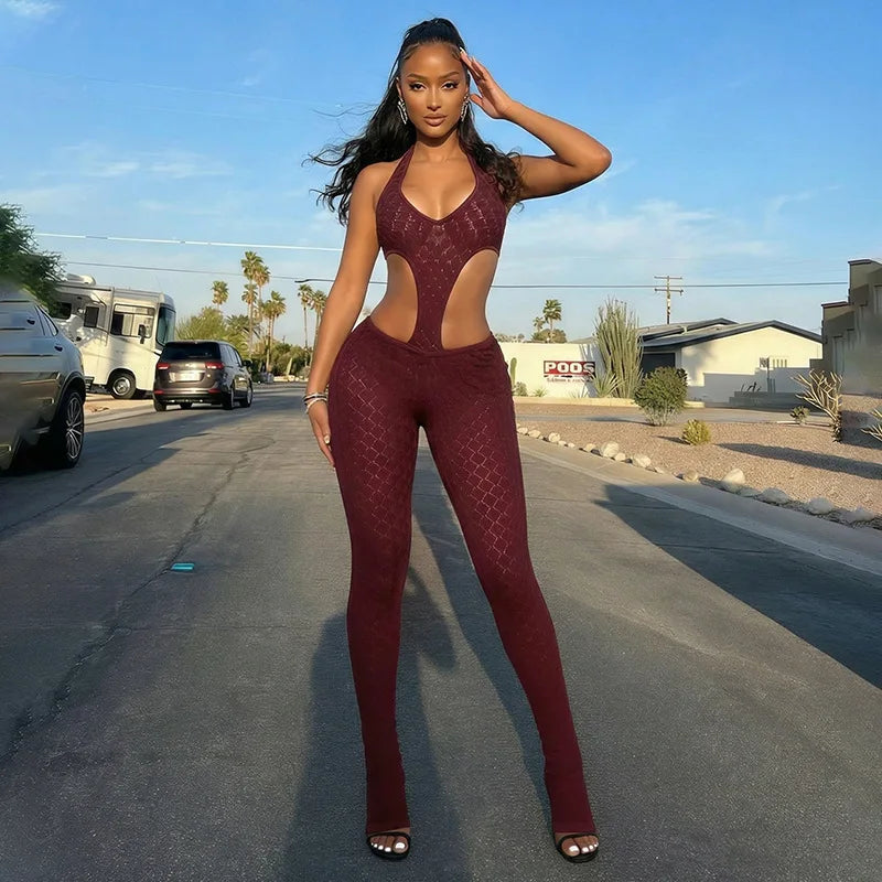 Sexy hot girl solid color see-through slim fit knitted deep V jumpsuit