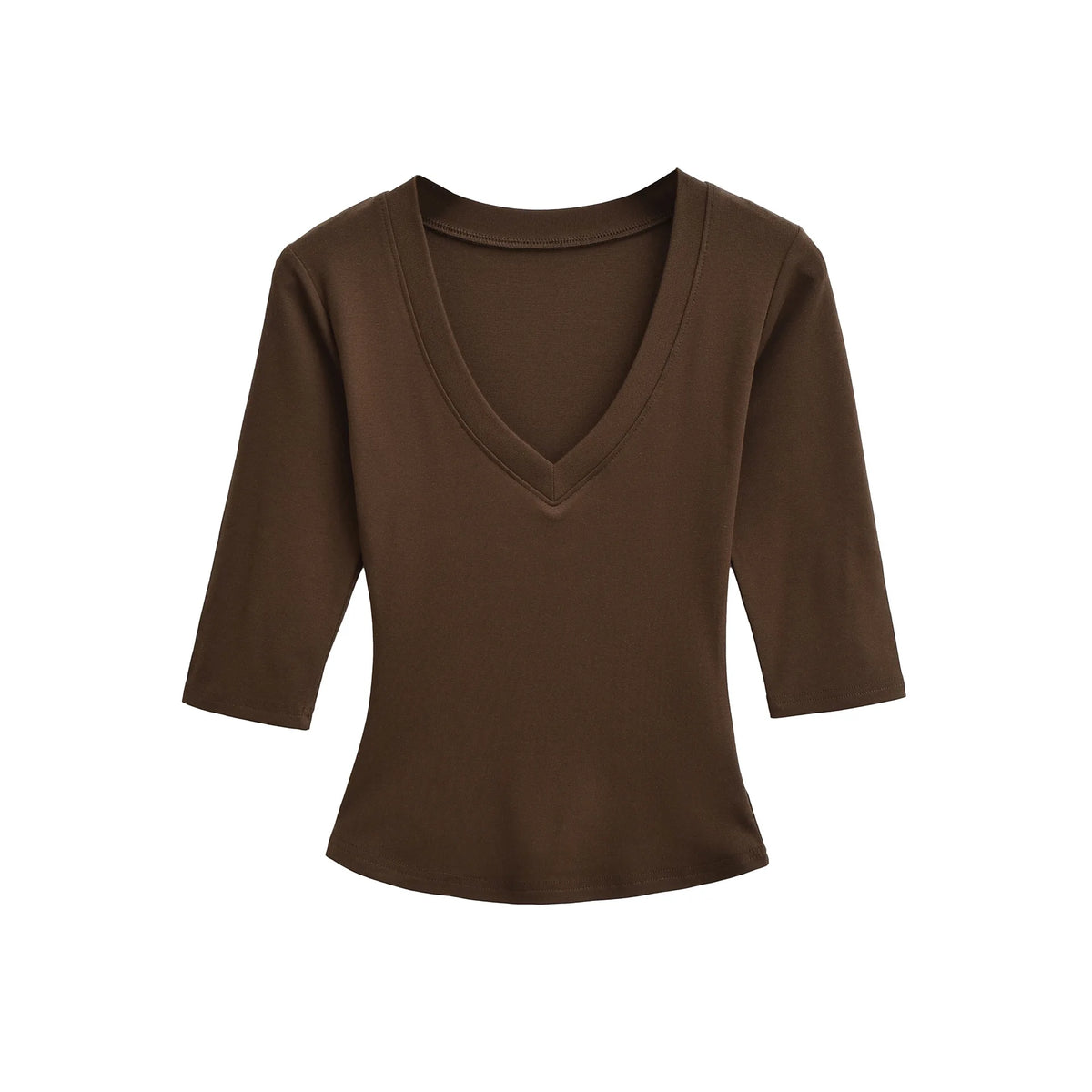New Pure Desire Casual Style T-Shirt Hot Girl Sexy V-Neck Wool Lyocell Stretch Slim Fit Mid-Sleeve Solid Color Thin T-Shirt WLOC