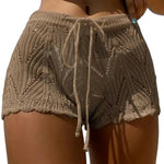 Women Beach Shorts Hollow Out Knitted Lace Drawstring Elastic Waist Soft Breathable Loose High Waist Summer Bikini Shorts