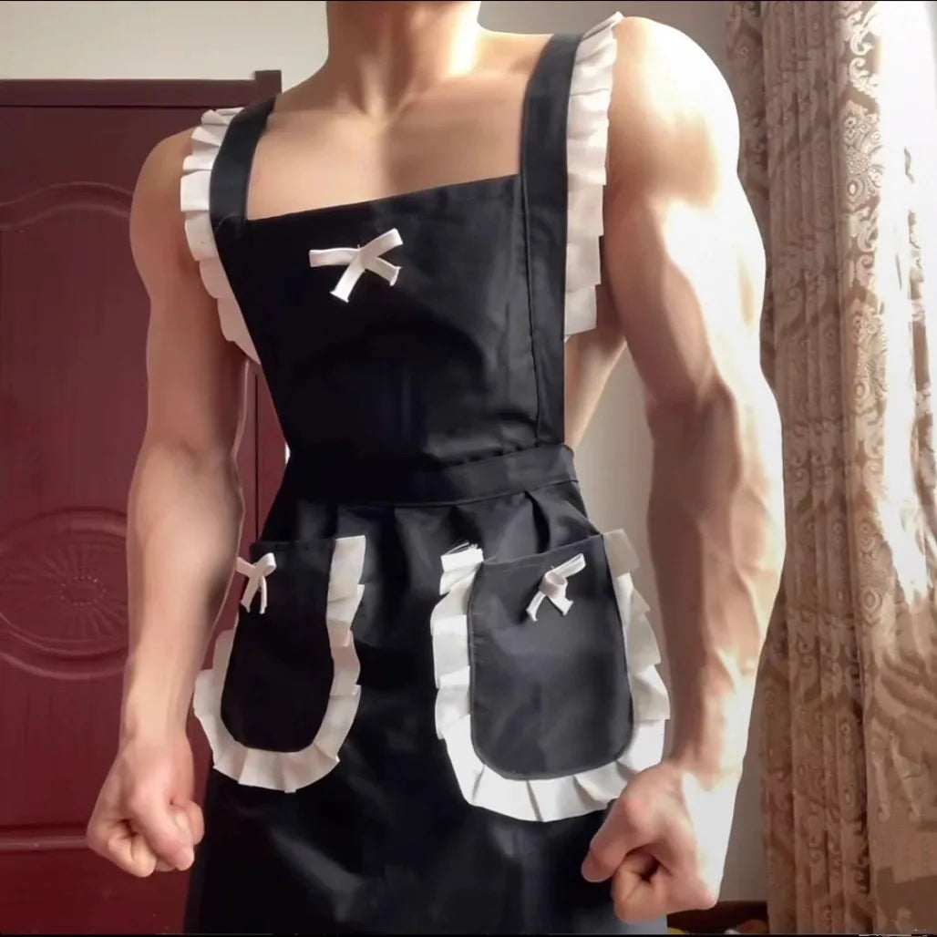 Sexy Women's Erotic Set Male Servant Uniform Men's Cosplay Charming Backless Deep V Suspenders Sleeveless Bowknot Dress AEUI