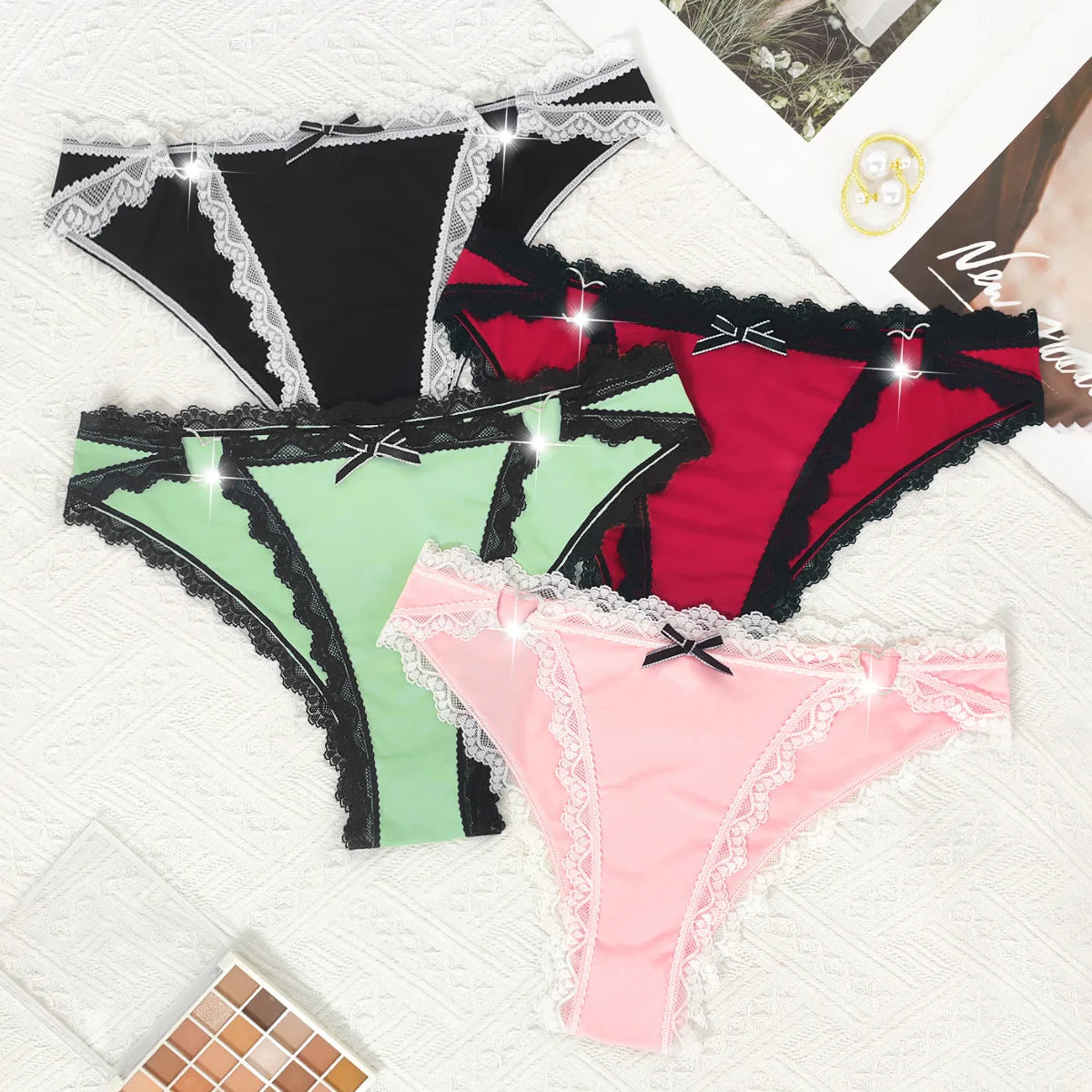 1pcs Low Rise Bow Sexy Lace Women's Panties Patchwork Heart Decor Elegant Lady Briefs Comfortable Breathable Female Underwear