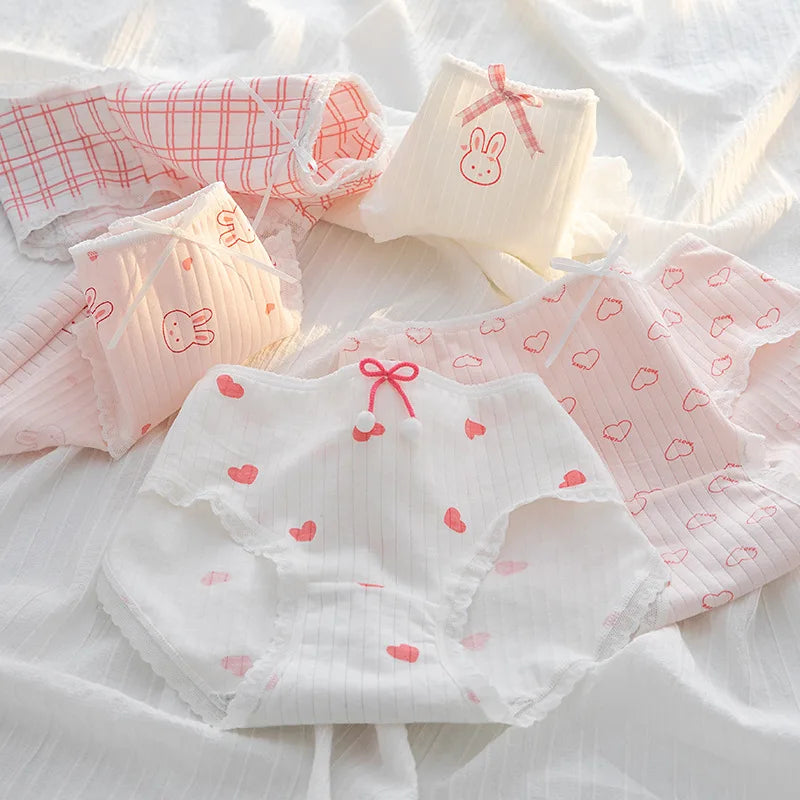 1 Pack Kawaii Rabbit Heart Print Briefs with Ruffles Trim Women's Mid-Rise Cotton Panties Soft Ribbed Underwear Lingerie M-XL
