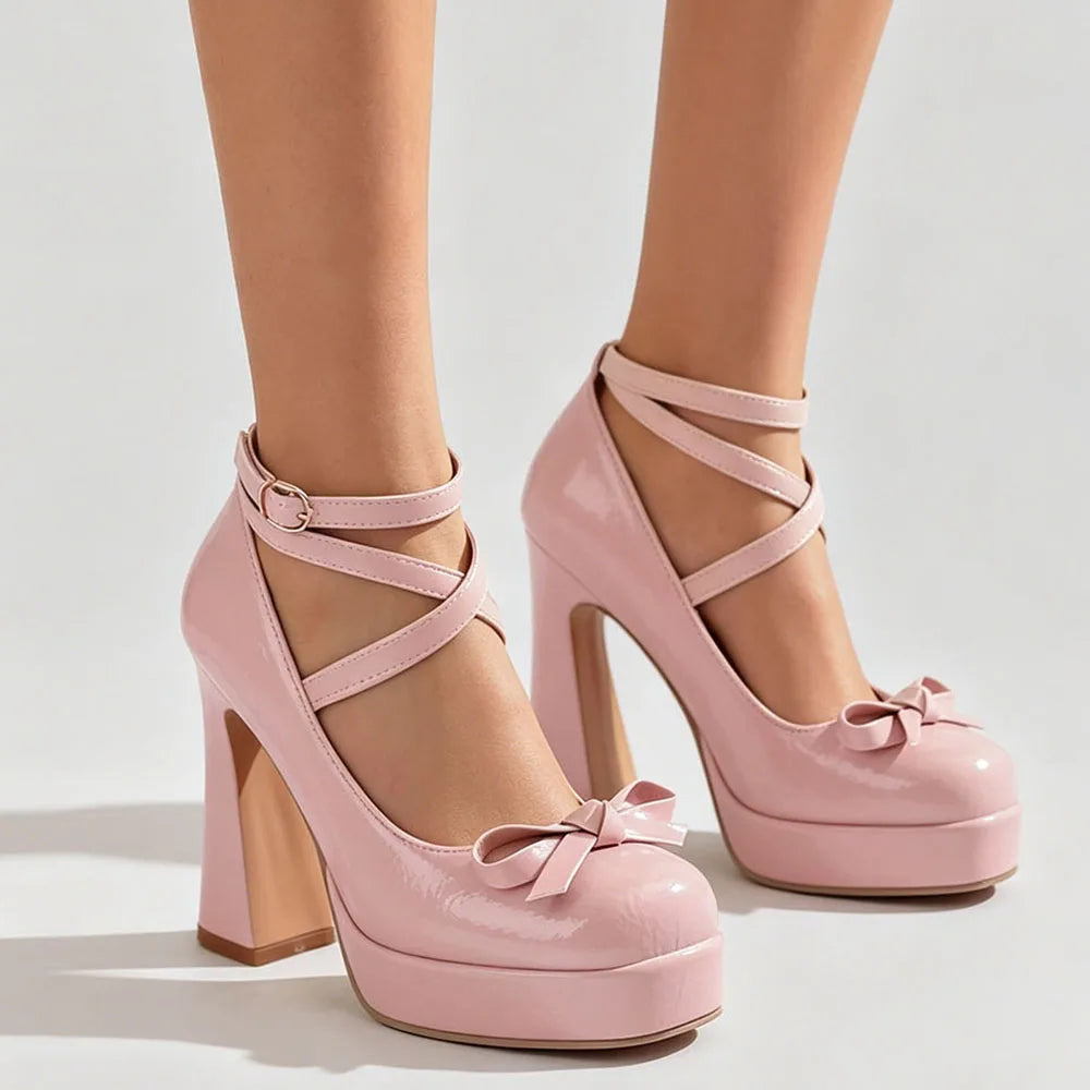 Big Size 45 Women's Sweet Pink Mary Jane 10.5cm High Heels Pumps Lolita Round Toe Bow Cross-Strap Platform Chunky Heel Shoes