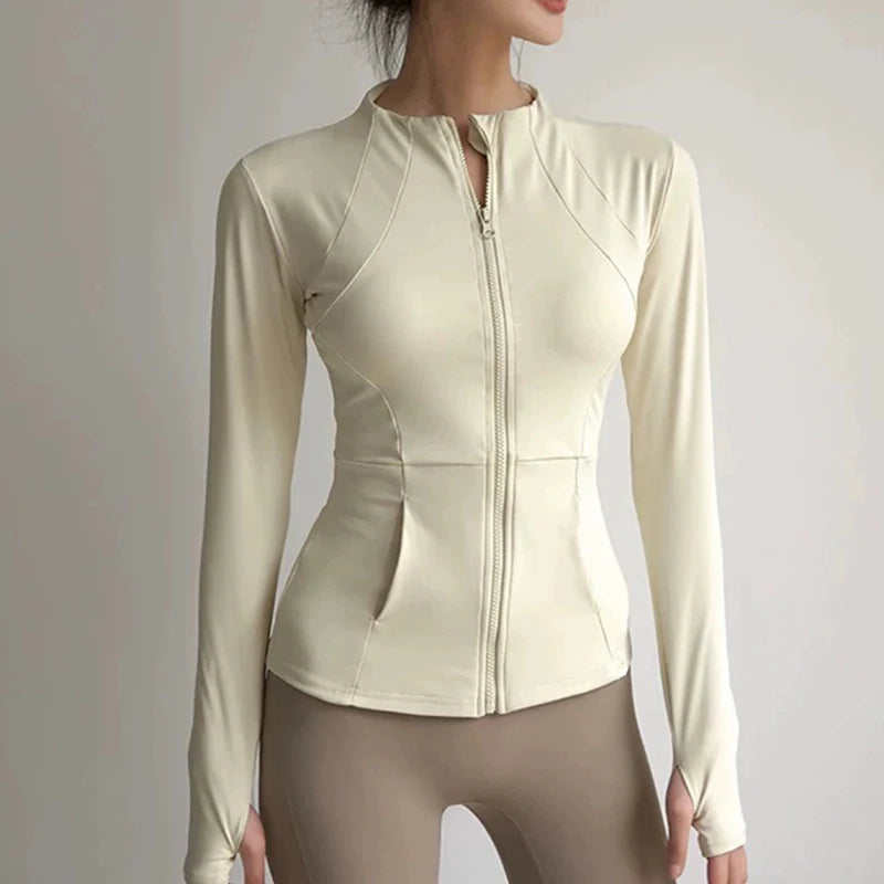Women's Slim Fit Quick Dry Yoga Fitness Jacket Professional Running Sports Long Sleeve Top for Slimming Effect