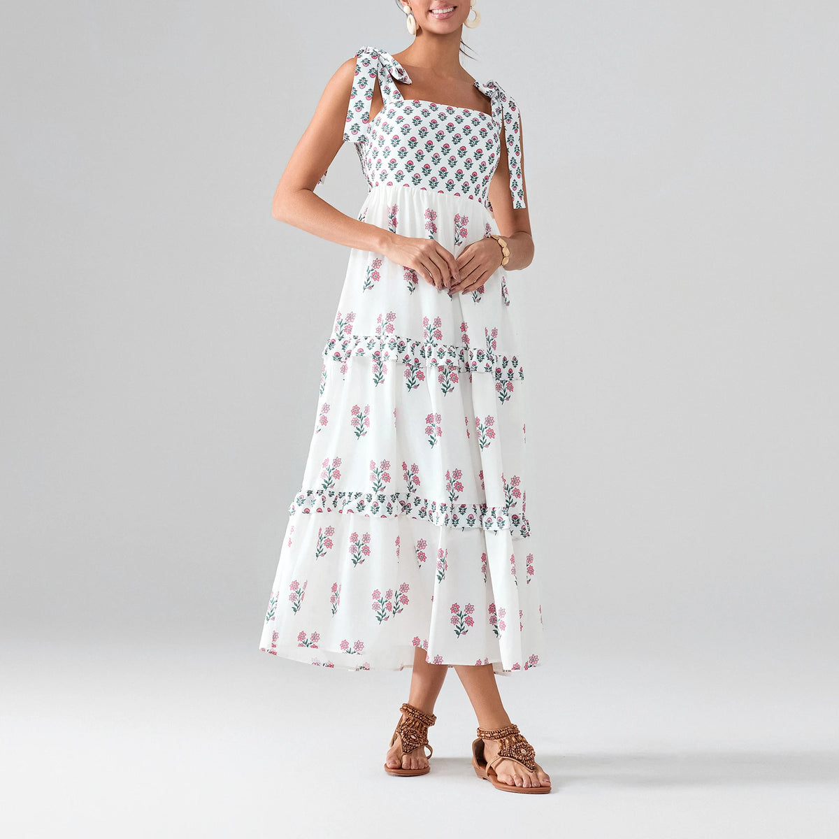 Flower Print Tie Strap Swing Dress Women A-Line Square Neck Tiered Ruffled Summer Bohemian Beach Long Tank Dress