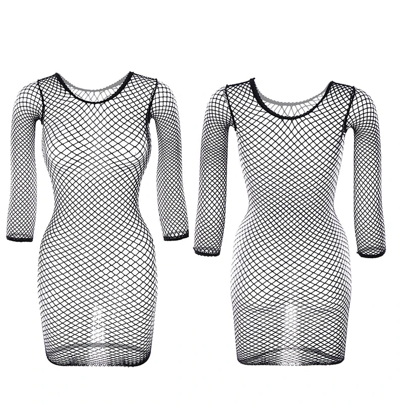 1PC Women Sexy Fishnet Beach Cover Up Long Sleeves Hollow Out Bodycon Dress See Through Summer Swimwear
