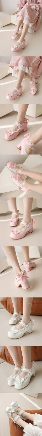2025 Plus Size 30-48 Women's Candy Colors Mary Janes Pumps Bow Tie Ruffles Black Pink Platform Sweet Block Heels Lolita Shoes
