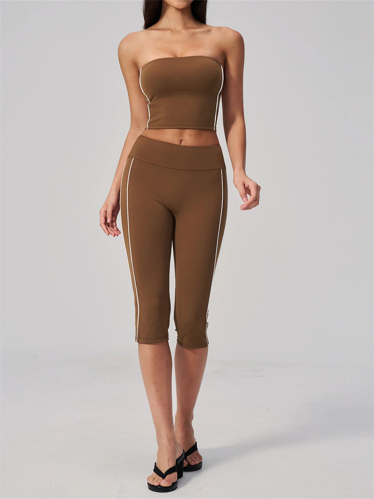 Color Blocked Strapless Yoga Suit 2 Pieces Women Sports Bra High Waist Leggings Fitness Suit Outwear Running Push Up Tracksuit