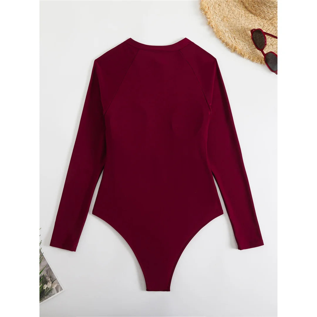 Sexy High Cut Printed Long Sleeve Zipper Surf Rash Guard One Piece Swimsuit Women Swimwear Female Bather Bathing Suit Swim V6285