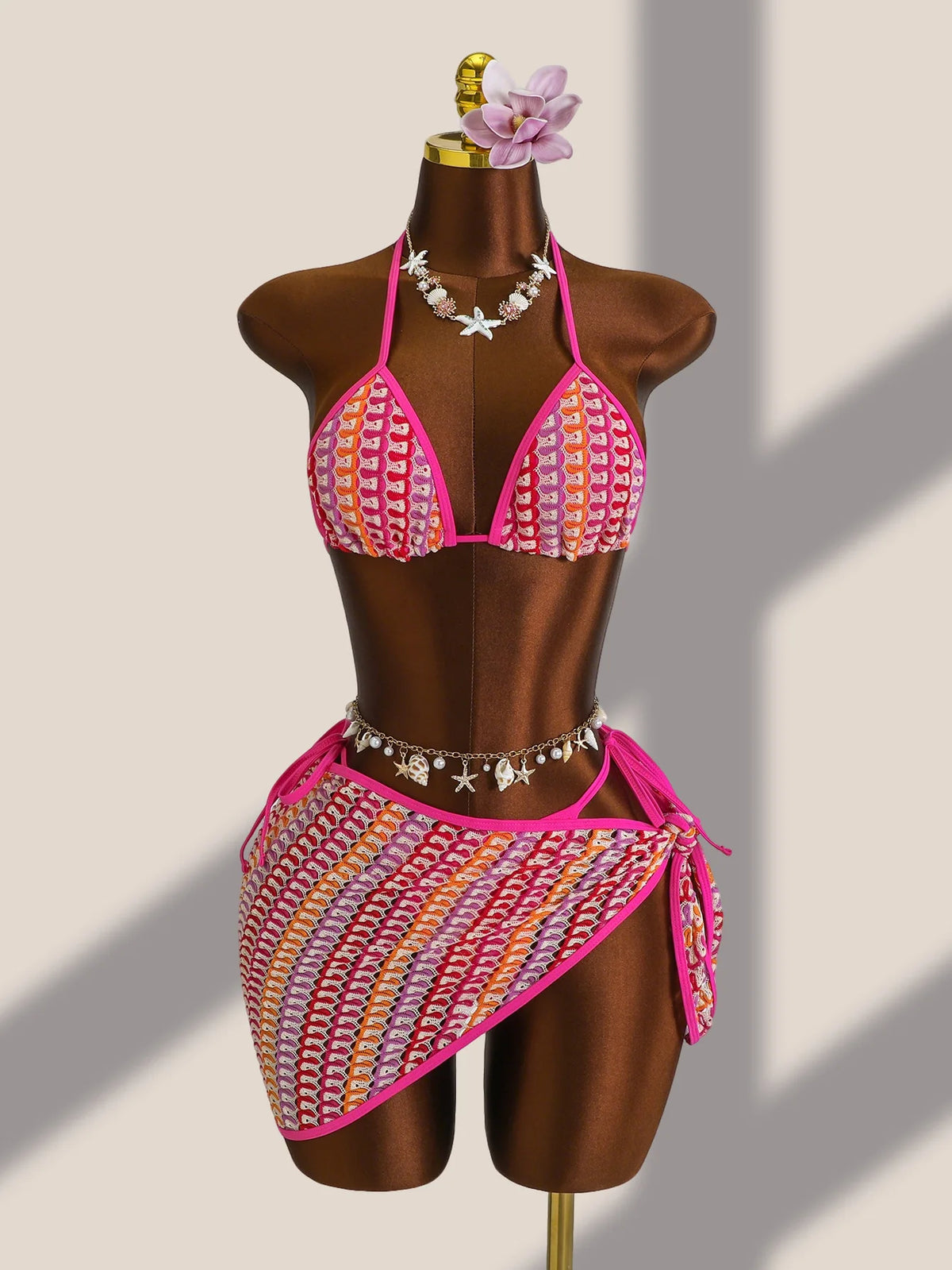Sexy Colorful Striped Bikini Set Women Push Up Bra Thong Swimsuit 2026 Summer Bathing Suit Beach Mesh Cover Up 3 Piece Swimwear