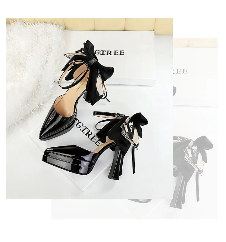 BIGTREE Pumps 2026 Summer New Hot Sale European Style Patent Leather Pointed Toe Buckle Platform High Heel Bow Shoes Women Shoes