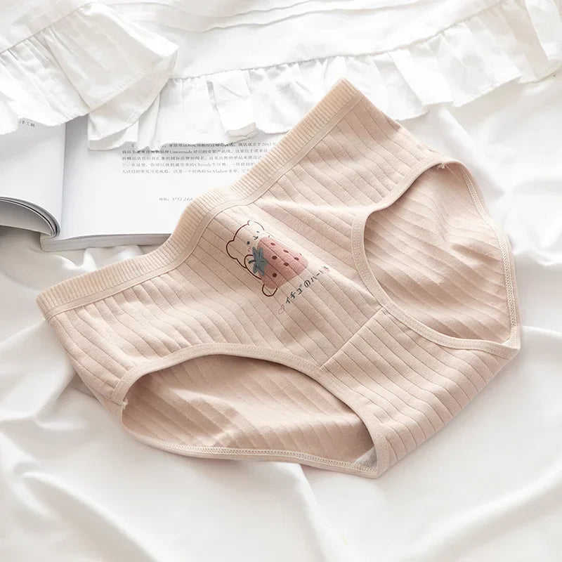 1 Pack Cute Bear & Strawberry Print Cotton Mid-Rise Panties Women's Comfort Underwear M-XL Grid & Striped Print Lingerie