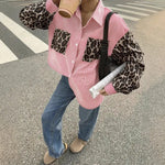 2026 New Women's Loose Casual Leopard Stripe Patchwork Long Sleeve Shirt with Pockets Turn Down Collar Blouse Top
