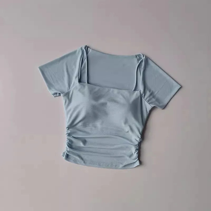 Women's yoga fitness short sleeved T-shirt, fixed chest cushion mesh fake two-piece yoga training fitness top