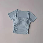 Women's yoga fitness short sleeved T-shirt, fixed chest cushion mesh fake two-piece yoga training fitness top