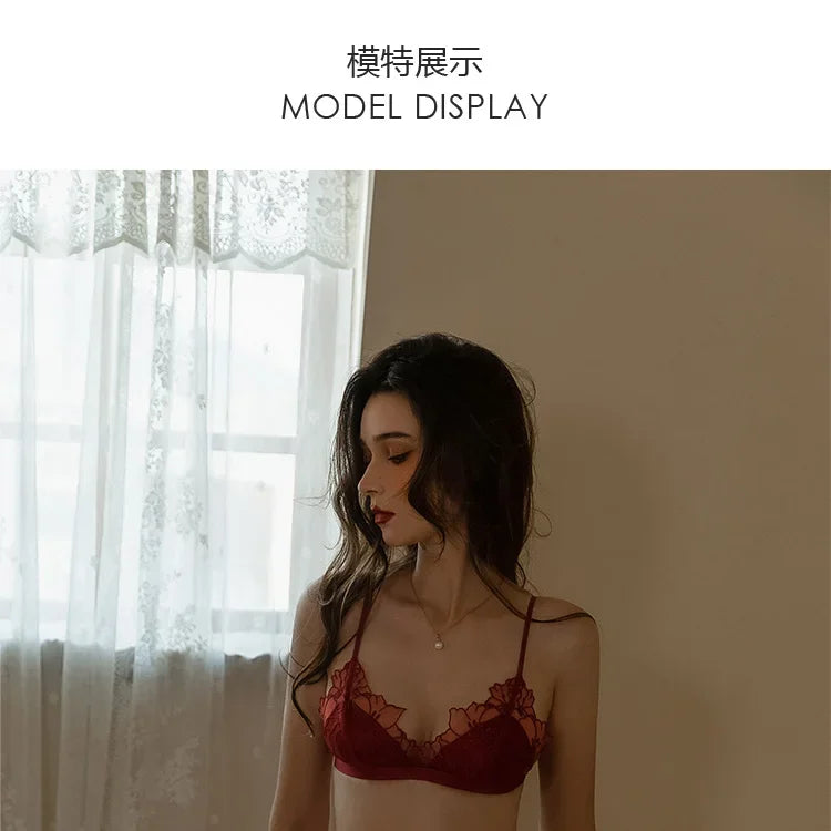 MOYISU Pure Desire Victoria French Lace Embroidered Lingerie Women's Thin Cup Triangle Cup Bra Set Comfortable No Underwire