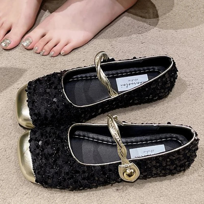Elegant Solid Color Bling Mary Janes Shoes Women Spring Autumn Buckle Strap Party Flats Woman Shallow Square Top Shoes Lady