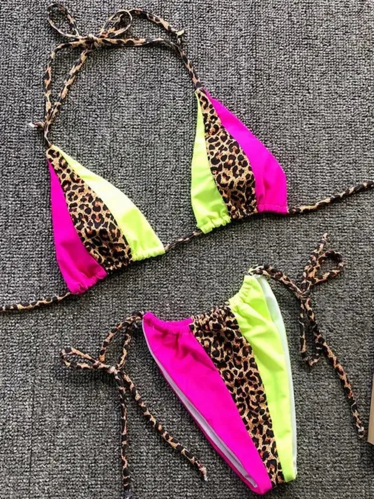 Splicing Leopard Mini Micro String Bikini Women Swimwear Female Swimsuit Two Pieces Bikini Set Halter Bather Bathing Suit Swim