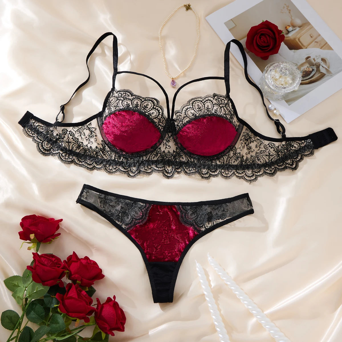 Limited edition retro Hong Kong style red and black velvet lingerie set - see-through lace trimmed bra+thong underwear ZA825166