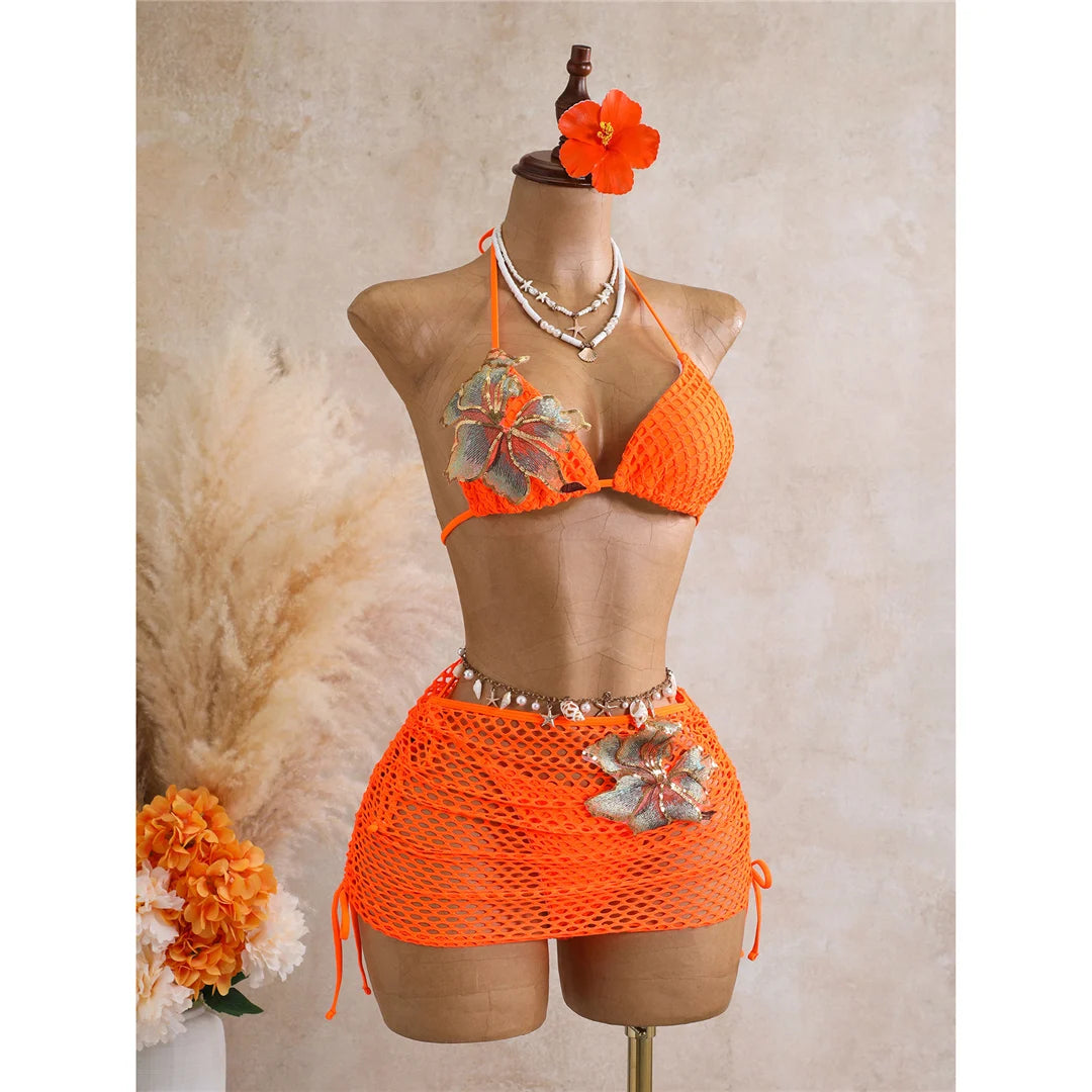 With Skirt 3D Flower Halter Bikini Women Swimwear Female Swimsuit Three-Pieces Bikini Set Padded Bather Bathing Suit SwimV8346